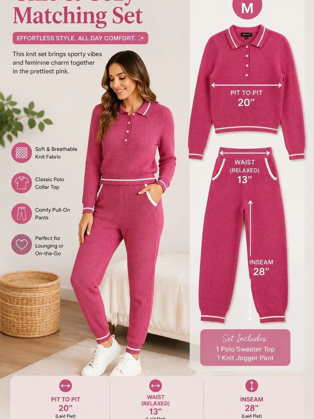 36point5 Pink Knit Matching Set Polo Sweater Top Jogger Pants 2 Piece Set